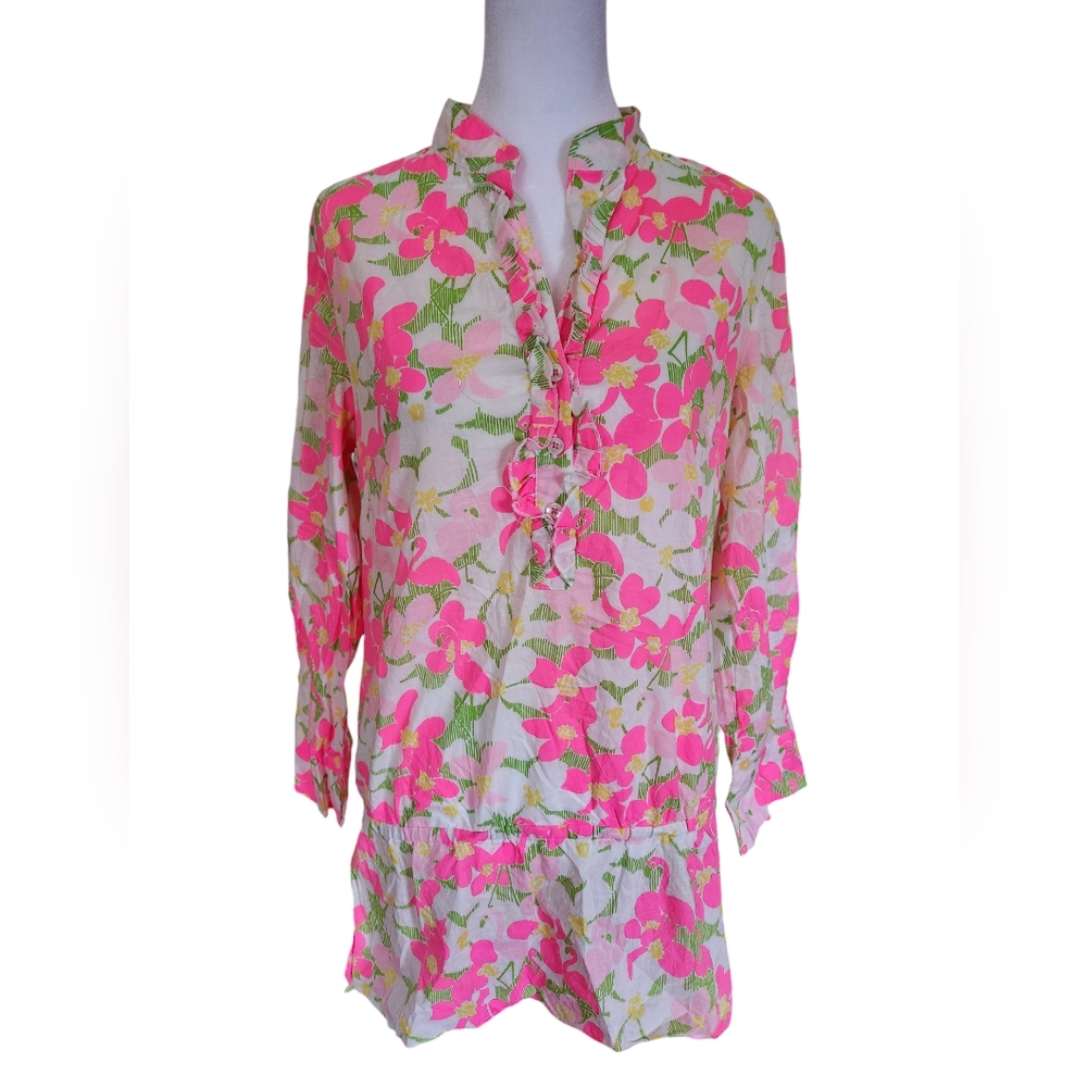 Lilly Pulitzer Floral Flamingo Roll Tab Sleeve Tunic Size 2 - Picture 3 of 10